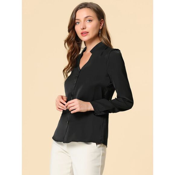 Blouse Button Up Long Sleeve V Neck Chiffon Shirt Black - Picture 4 of 6
